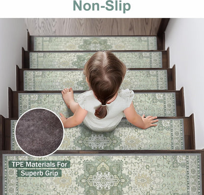 sarben Non Slip Stair Treads for Wooden Steps 15PCS - 8"x30" Indoor Safety Carpet, Edging Mats with TPE Adhesive Backing, Pet and Elderly Friendly Stair Rugs (Taupe) - Colors B