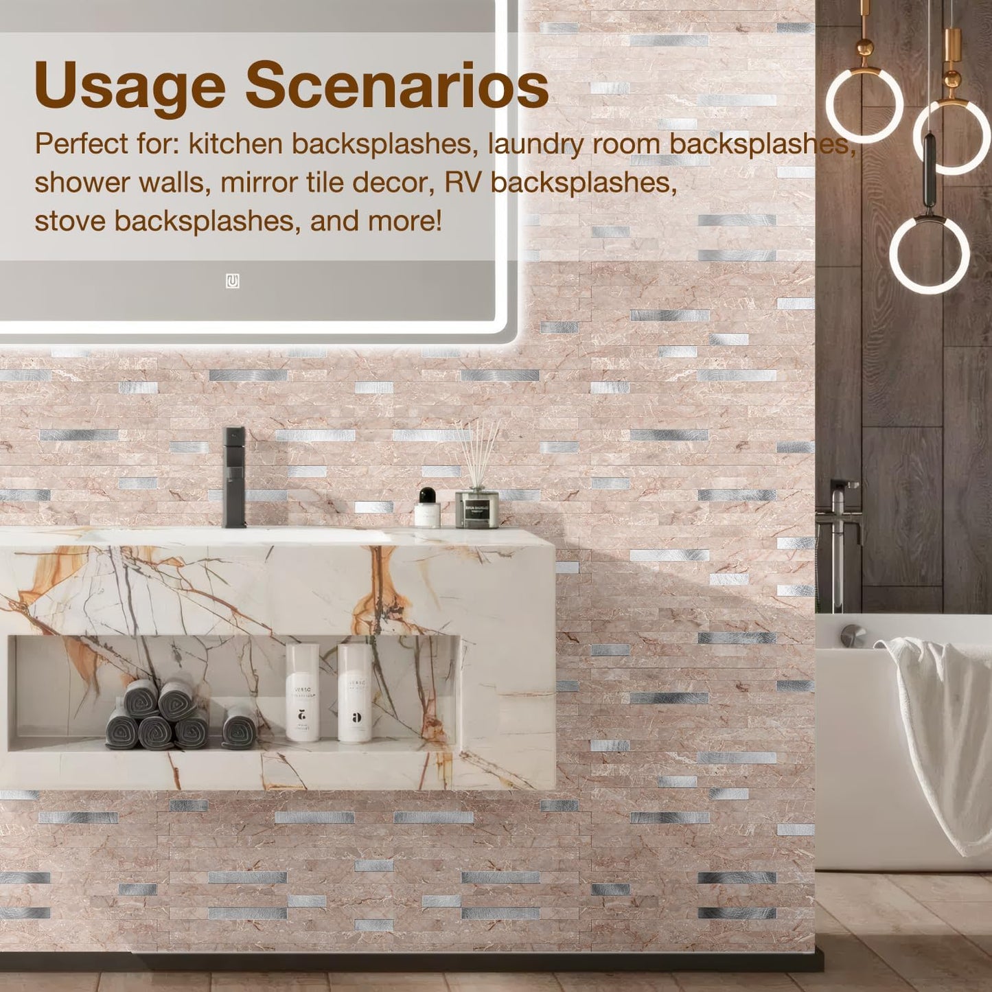 Peel and Stick Backsplash Tile Waterproof Removable PVC Wall Sticker 3D Faux Stone Marble Brick White Accent Panels (White Marble - Metal Silver, 20 Tiles - 9 sq. ft. (0.84 M²))