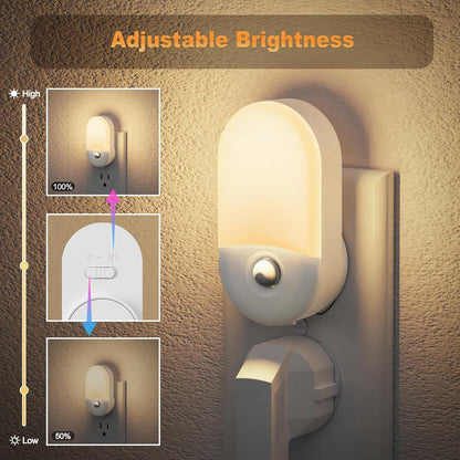 JandCase Motion Sensor Night Light, 2 Pack Motion Activated Night-Lights, 3000K Warm White LED Night Lights Plug into Wall, 30/60LM Adjustable Brightness, for Kids Adults Bathroom Bedroom
