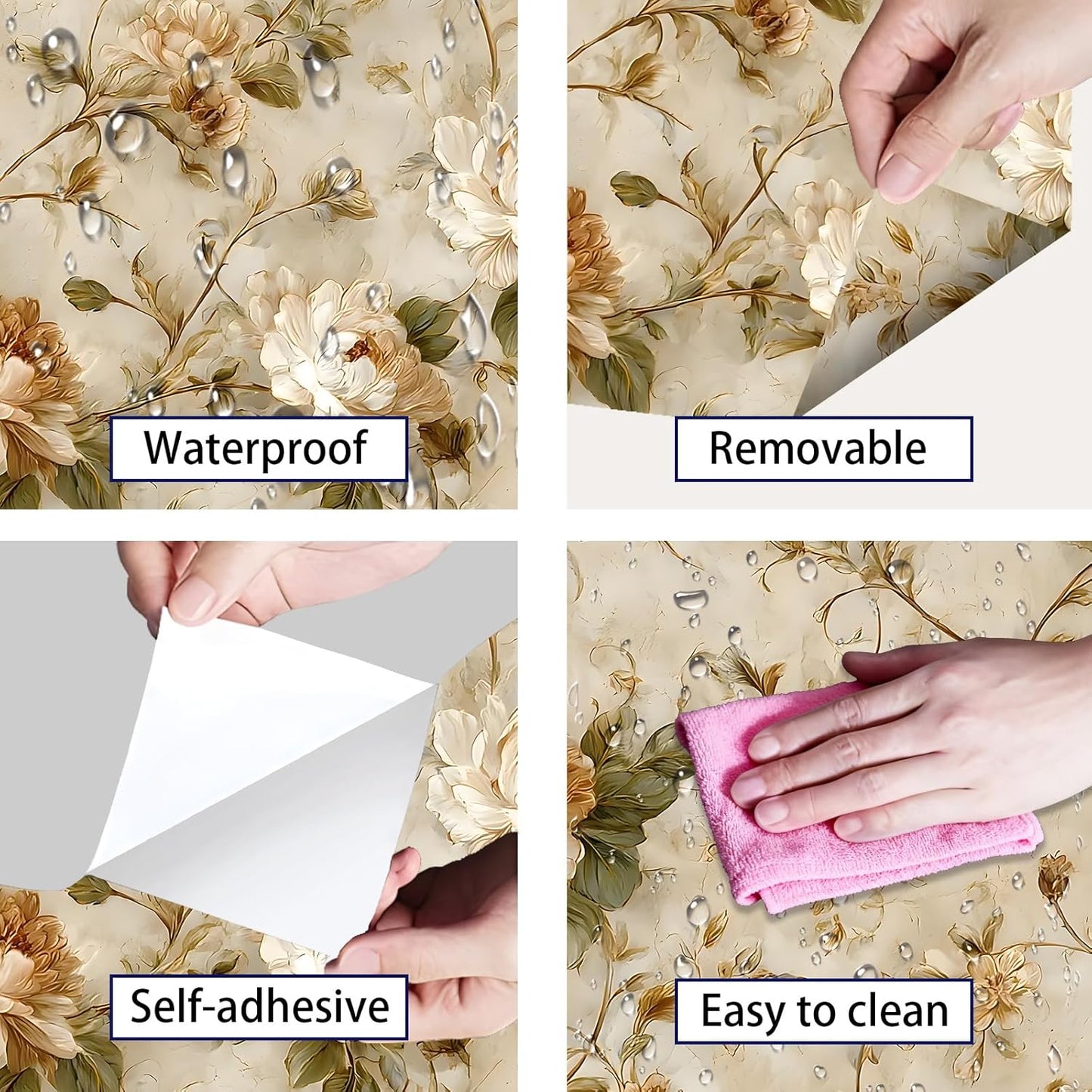 Peel and Stick Wallpaper, Soft Wildflower Botanical Contact Paper, PVC Vinyl Removable Wall Covering, Waterproof Easy-Clean, No Residue Renter Friendly, Neutral Decor, 39.4x17.3 in (Flowers2)