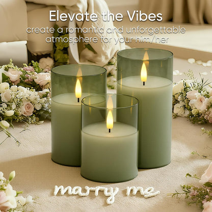 5plots Glass Battery Operated White Flameless Candles with Remote Timer, 3D Wick Real Wax Pillar Led Candles Warm Flickering Light for Indoor Home, Halloween, Christmas Decor, Set of 3, D3 x H4 5" 6"