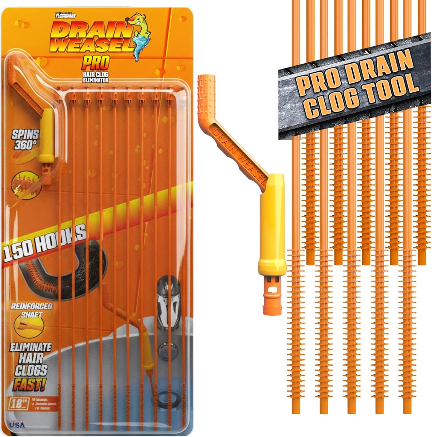FlexiSnake Pro Drain Weasel Sink Snake Cleaner with New Molded Tip - 18″ - Drain Snake Clog Remover Tool with Rotating Handle & 5 Wand Refills - Easy to Use on Drains & Grates - Made in USA - 5-Pack