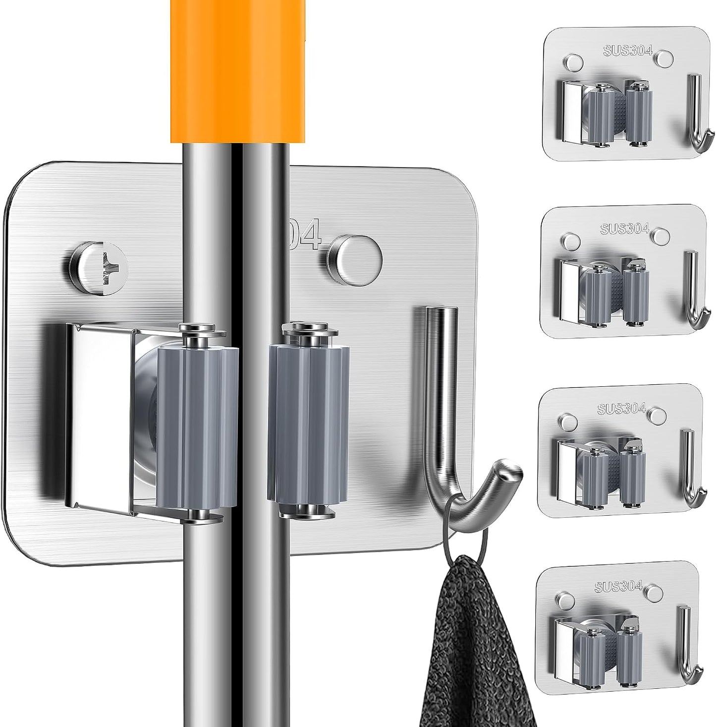 4 Pack Stainless Steel Mop and Broom Gripper with Hook, Screw Drilling or Self Adhesive Mop and Broom Holder Wall Mount, Storage Rack for Closet Laundry Garage Garden Tool Organizer, Silver