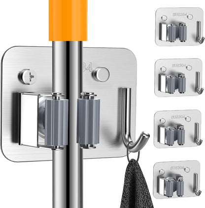 4 Pack Stainless Steel Mop and Broom Gripper with Hook, Screw Drilling or Self Adhesive Mop and Broom Holder Wall Mount, Storage Rack for Closet Laundry Garage Garden Tool Organizer, Silver