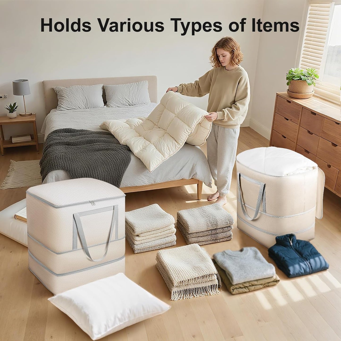 Comforter Storage Bag - 130L Large Capacity Blanket Storage Bags 4-Layer Ultra Space Saving Self Compression Organizer, Washable Compression Bags for Storage Comforter Blanket, 2-Pack, Beige