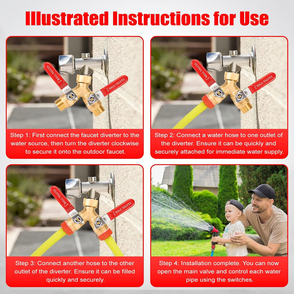 Hose Splitter 2 Way, 3/4 Inch GHT Thread Y Valve Connector with Stainless Steel Long Handle, Full Flow Garden Brass Hose Splitter for Outdoor Watering, Irrigation, Washing