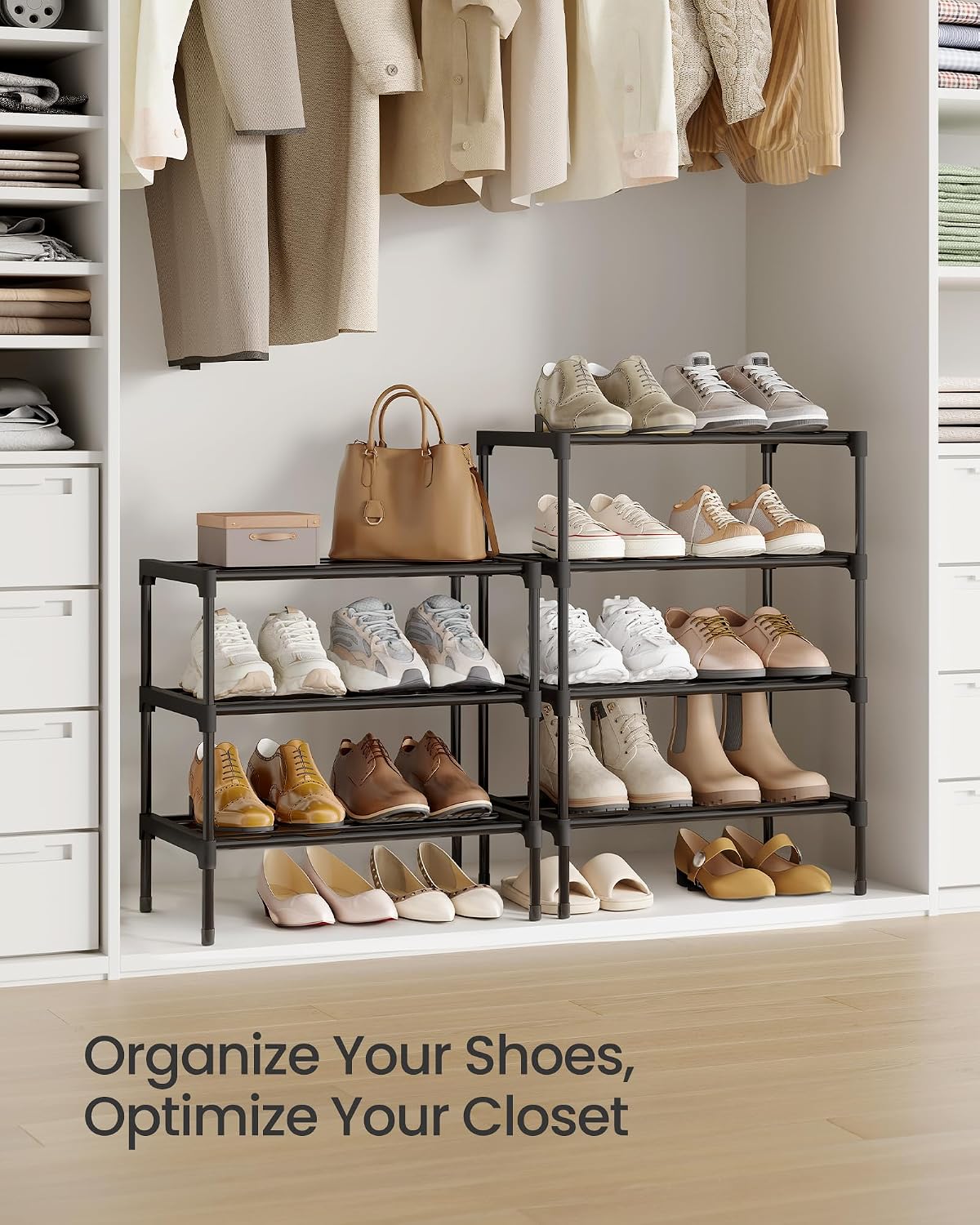 SONGMICS 2-Tier Shoe Rack for Closet, Compact Metal Shoe Organizer Shelf for Entryway, Bedroom, Small Spaces, Stackable, 11.8 x 24.5 x 12.2 Inches, Black ULSA122BH01