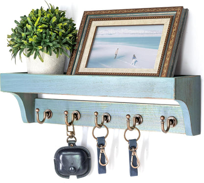 Rebee Vision Farmhouse Key Holder for Wall - Decorative Wooden Mail Organizer with 5 Rustic Key Hooks and Floating Shelf for Home Decor, Hallway, Entryway, Appartment (Retro Brown)