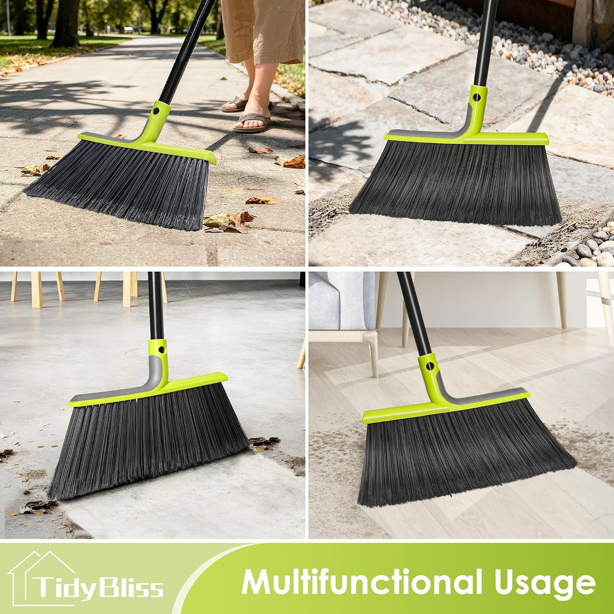 TidyBliss 4 Packs Outdoor Broom Heavy Duty, 56 inches Tall Commercial Soft Bristle Angle Brush for Sweeping Outside Patio Garden Porch Deck Shop Restaurant Garage House Lobby Hardwood Floors (Green)