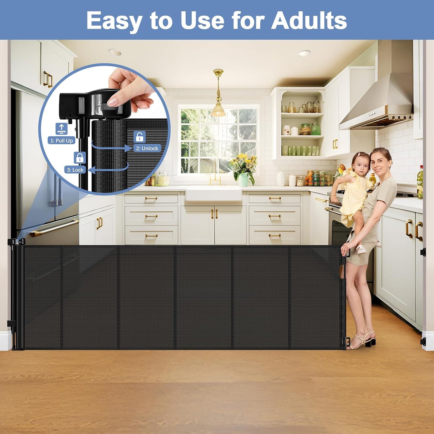 Reinforced Retractable Baby Gates with Support Beam 60" Wide Retractable Dog Gate Indoor Prevent Children and Dogs from Crawling Under Outdoor Dog Gate for Deck Mesh Gates for Kids or Pets, Black