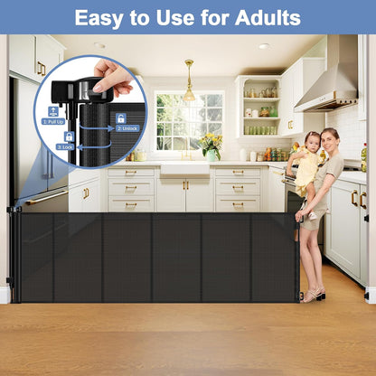 Reinforced Retractable Baby Gates with Support Beam 60" Wide Retractable Dog Gate Indoor Prevent Children and Dogs from Crawling Under Outdoor Dog Gate for Deck Mesh Gates for Kids or Pets, Black