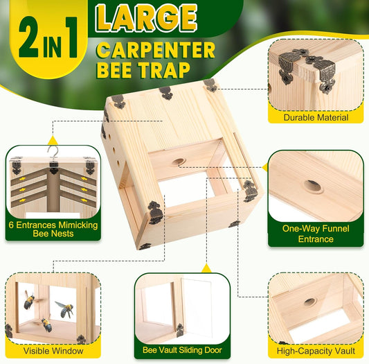 1 Pack Extra Large Carpenter Bee Trap for Outside, 2 in 1 Catch & Release Wood Bee Traps Outdoor Hanging, Timber-Fixed Expanded External Containment, Defender Trap for Bees Collection