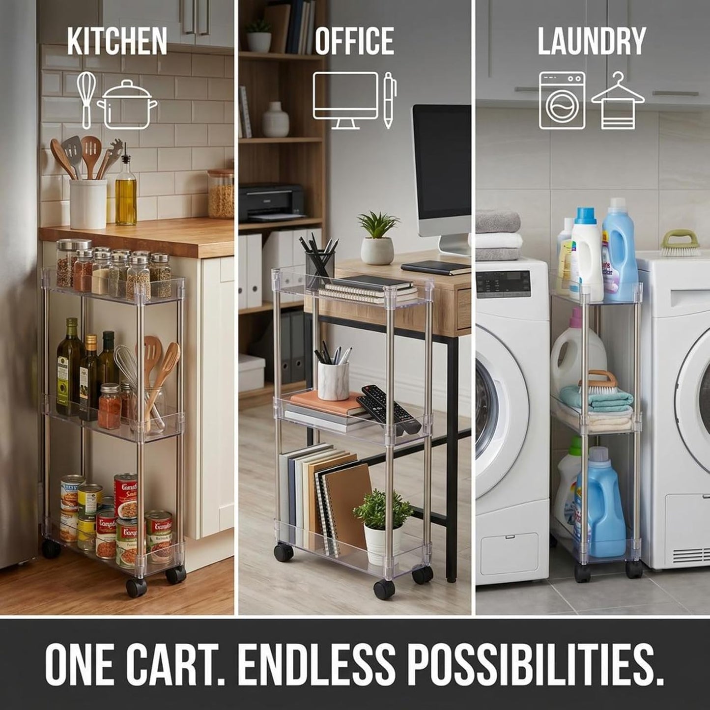 American Dream Home Chrome/Clear Acrylic Slim 3-Tier Rolling Cart Portable Narrow Storage Trolley with Wheels, Transparent Shelves for Bathroom, Kitchen, Office & Small Spaces