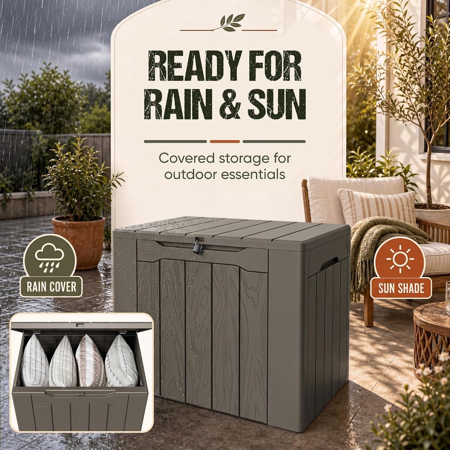 Flamaker Resin Deck Box 120 Gallon Waterproof Large Outdoor Indoor Storage Box Imitation Wood Resin for Patio Furniture Garden Tools and Pool (Black)