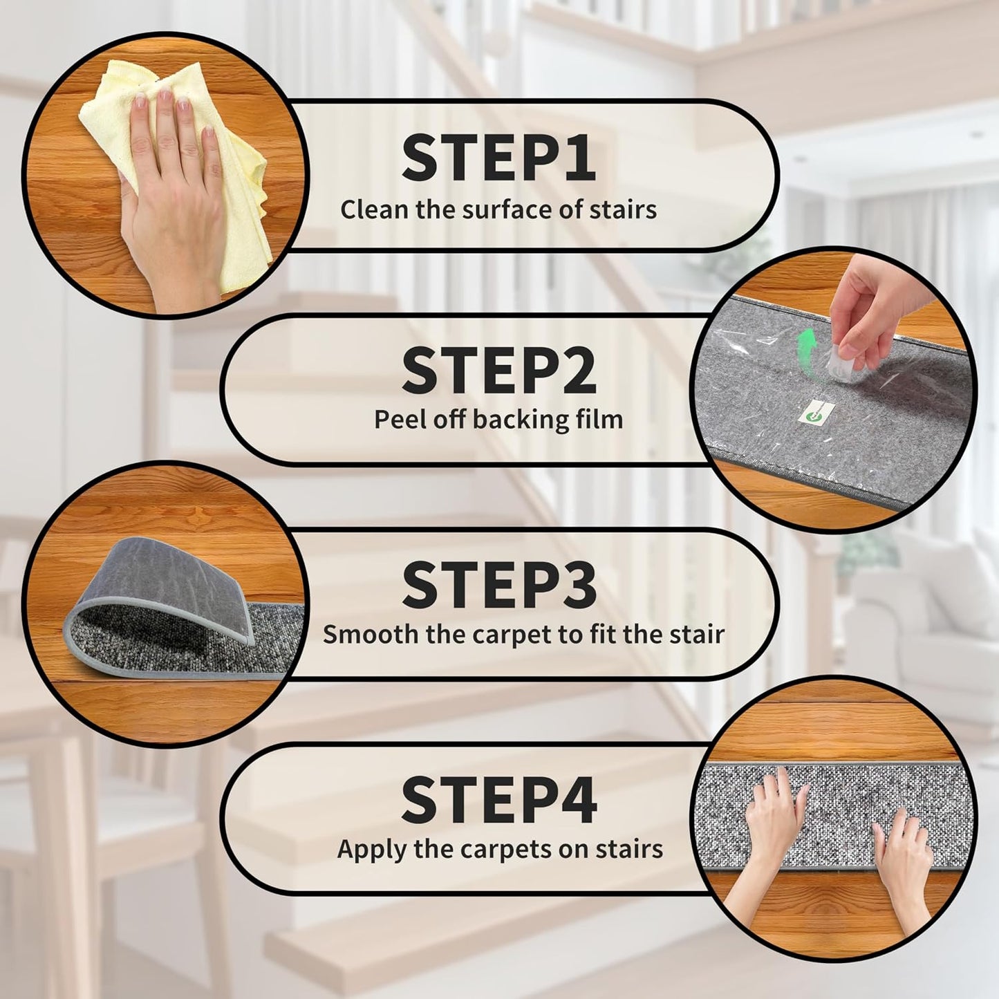 Non-Slip Carpet Stair Treads 15PCS, 8"x30" Peel and Stick Stair Runner for Wooden Steps Indoor, Washable Reusable Adhesive Backing, Pet-Friendly Safety Mats for Kids, Elders, Dogs