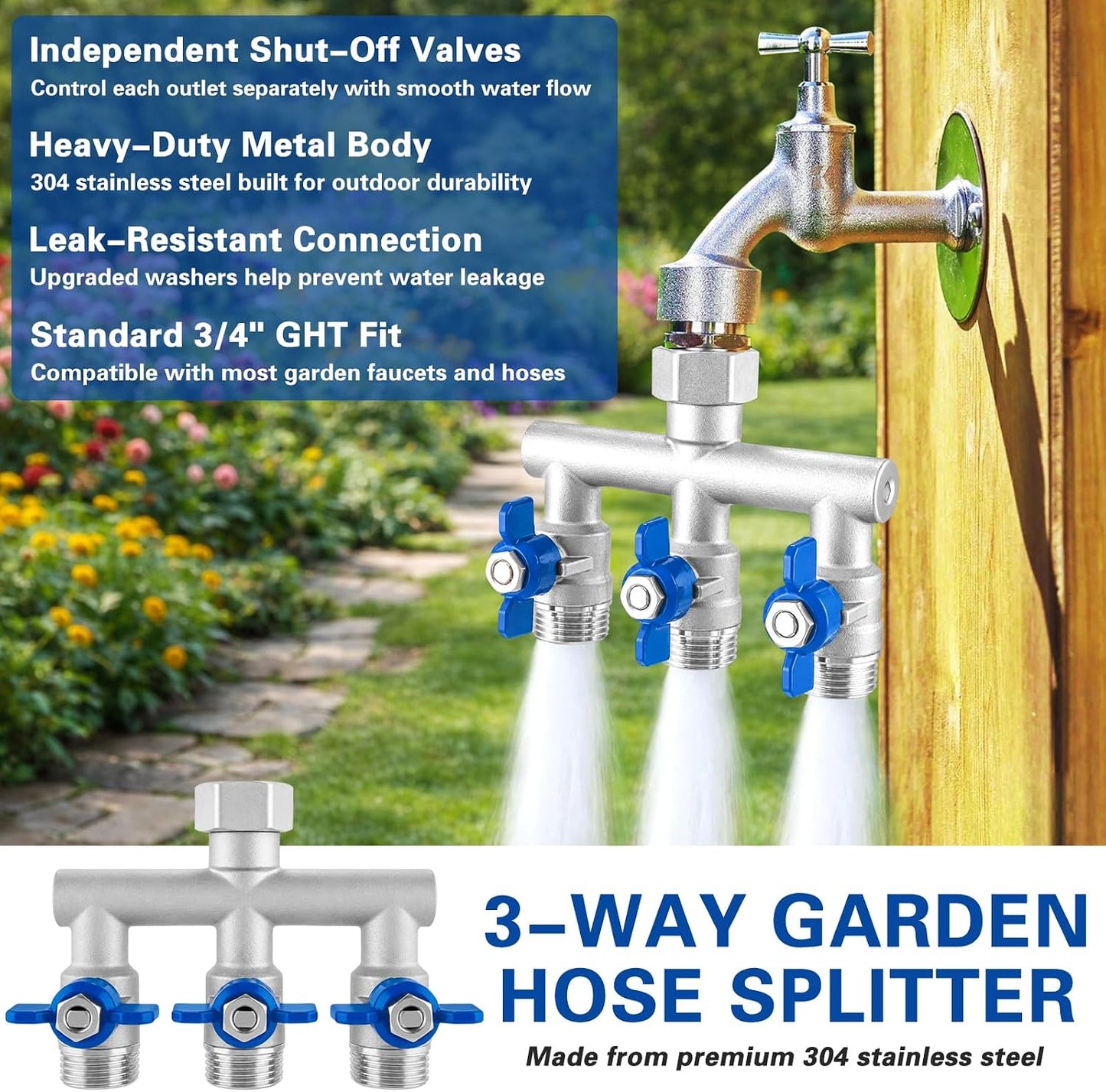 304 Stainless Steel Garden Hose Splitter 2 Way, Heavy Duty 3/4" GHT Y Hose Splitter with Shut-Off Valves, Full Flow Outdoor Faucet Connector with Wrench