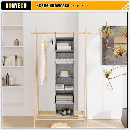 Hanging Closet Organizer 3-Shelf, Oxford Fabric Wardrobe Storage, Gray | Easy-mount foldable design holds clothes, handbags, shoes & accessories; washable Oxford fabric, sturdy and space-saving.