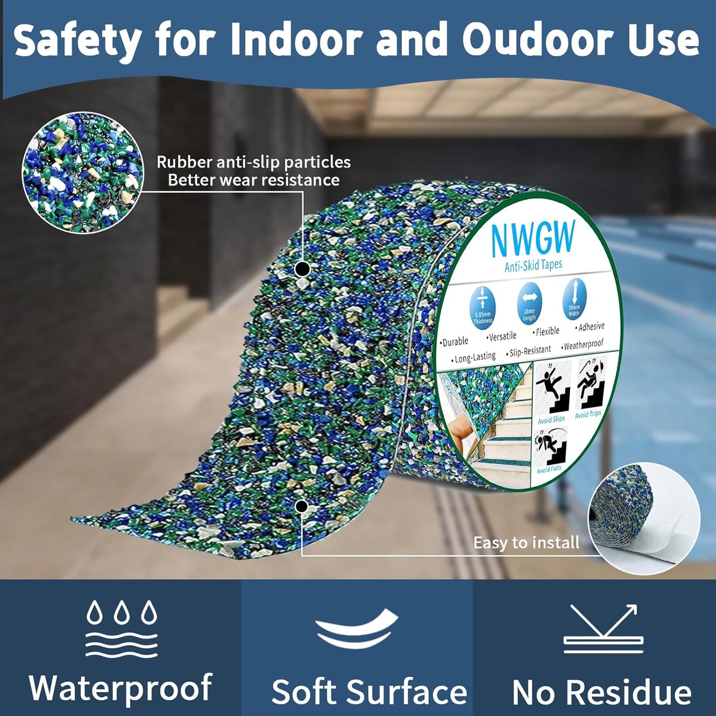 Waterproof Tape for Pools, 4" x15FT Heavy Duty Anti Slip Stair Treads Outdoor Tape Non-Slip Rubber Grip Tape Shower Strips Slip Resistant Tape Traction Tape for Stairs Showers Bathroom Trails