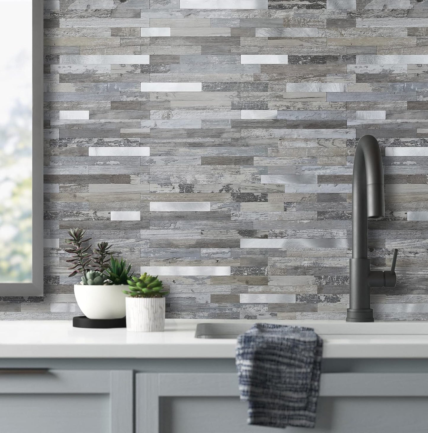 AULIGET 20 Sheets Peel and Stick Backsplash, Black & Grey Wood Look PVC Mixed Metal Stick on Backsplash Tiles for Kitchen