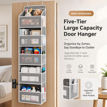 FUSHITON Over The Door Organizer with Anti-Tilt Design, 5 Shelf Hanging Grey Storage Rack Holds 44lb, Large Capacity Pockets for Bedroom Bathroom Pantry Nursery
