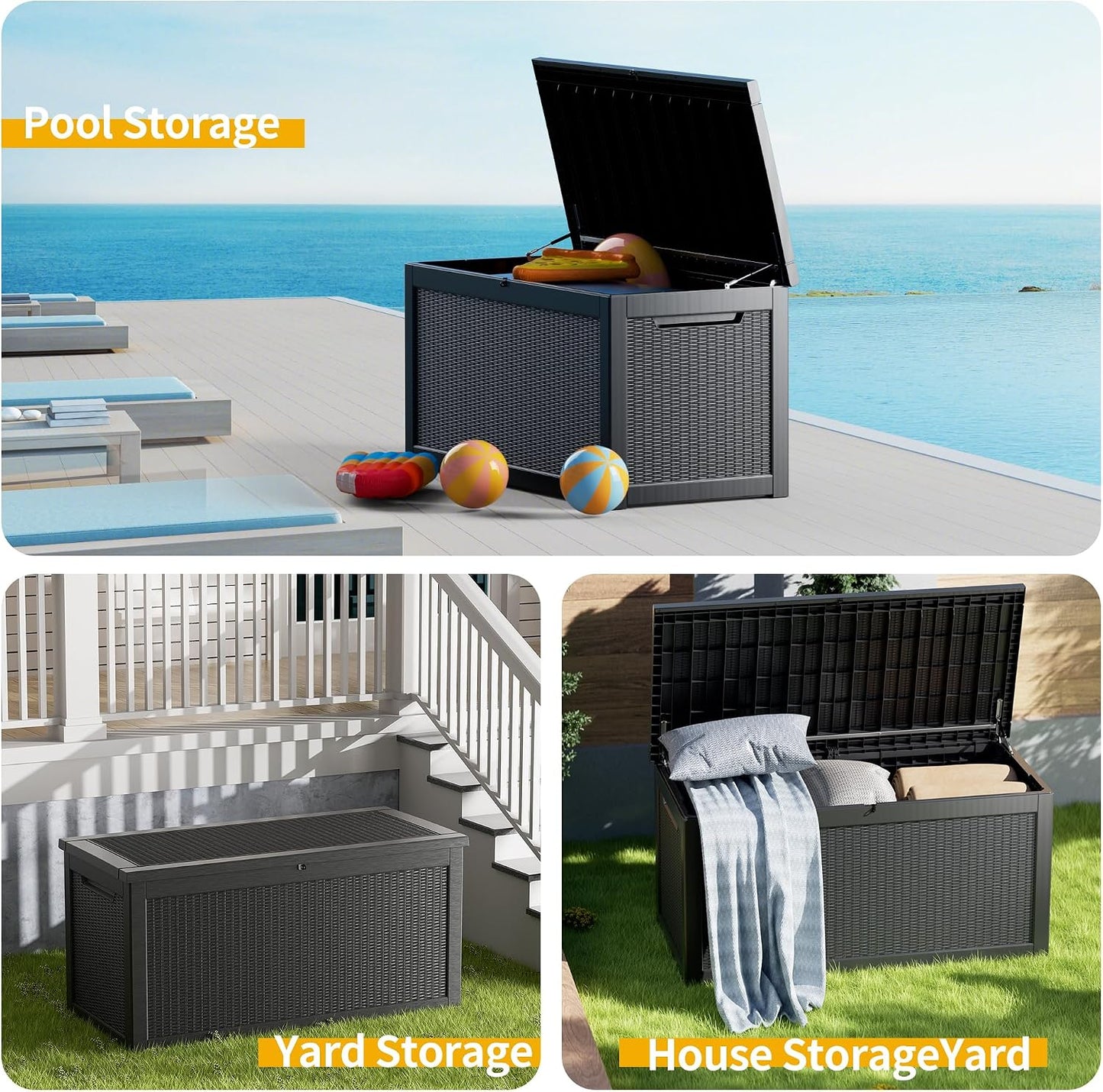 320 Gallon Outdoor Storage Box, Extra Large Waterproof Resin Deck Box with Lockable Lid Storage Bin for Patio Furniture Cushion, Garden Tools, Pool Accessories, UV-Resistant Outside, Black
