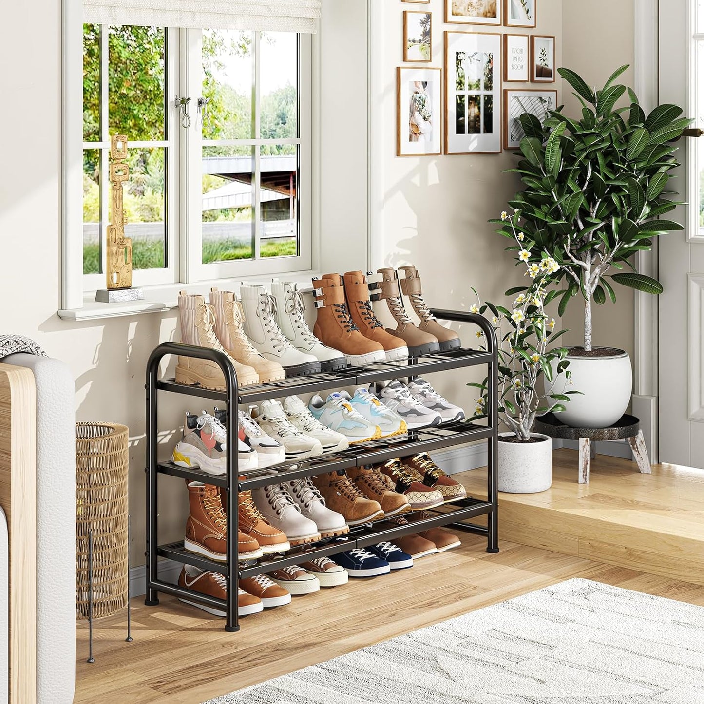 Simple Trending 3-Tier Stackable Shoe Rack, Expandable & Adjustable Shoe Shelf Storage Organizer, Wire Grid, Black