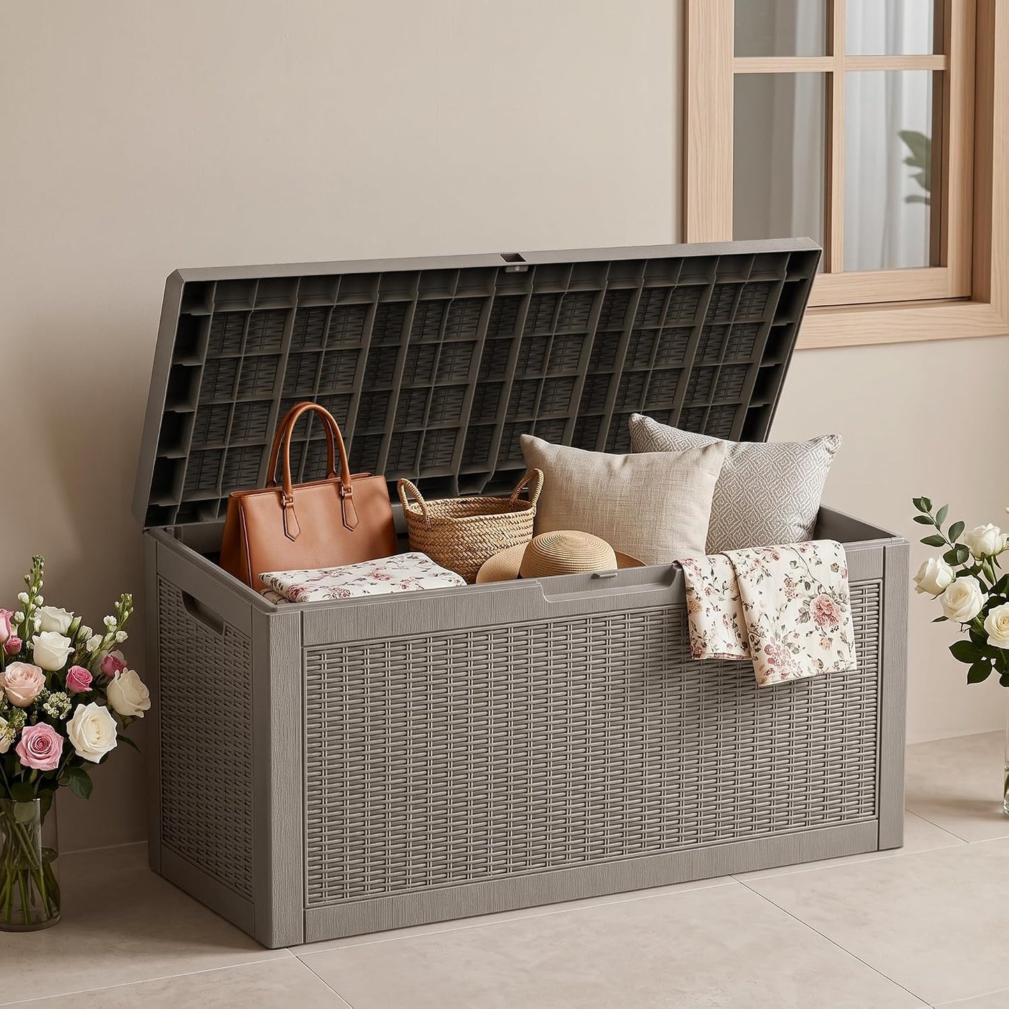 100 Gallon Storage Box, Waterproof Resin Deck Box with Hydraulic Piston Design, Lockable Storage Bench for Package Delivery, Storage Bin for Patio Cushions, Garden Tools, Black