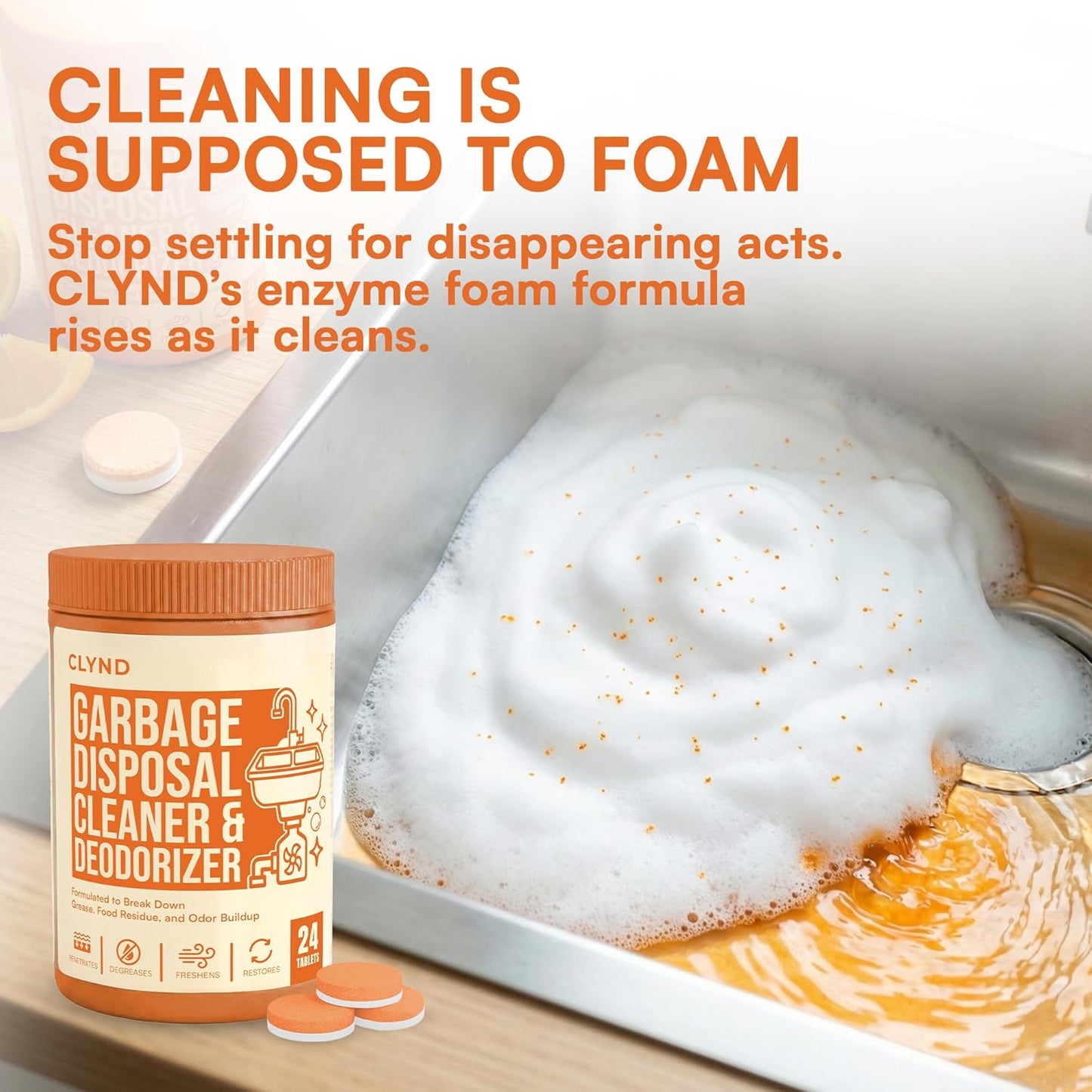 Garbage Disposal Cleaner and Deodorizer Tablets 24-Pack Citrus Foaming Tablets for Garbage Disposal, Kitchen Sink and Drain Cleaner, Lemon Orange Scent - Garburator, Disposer Freshener