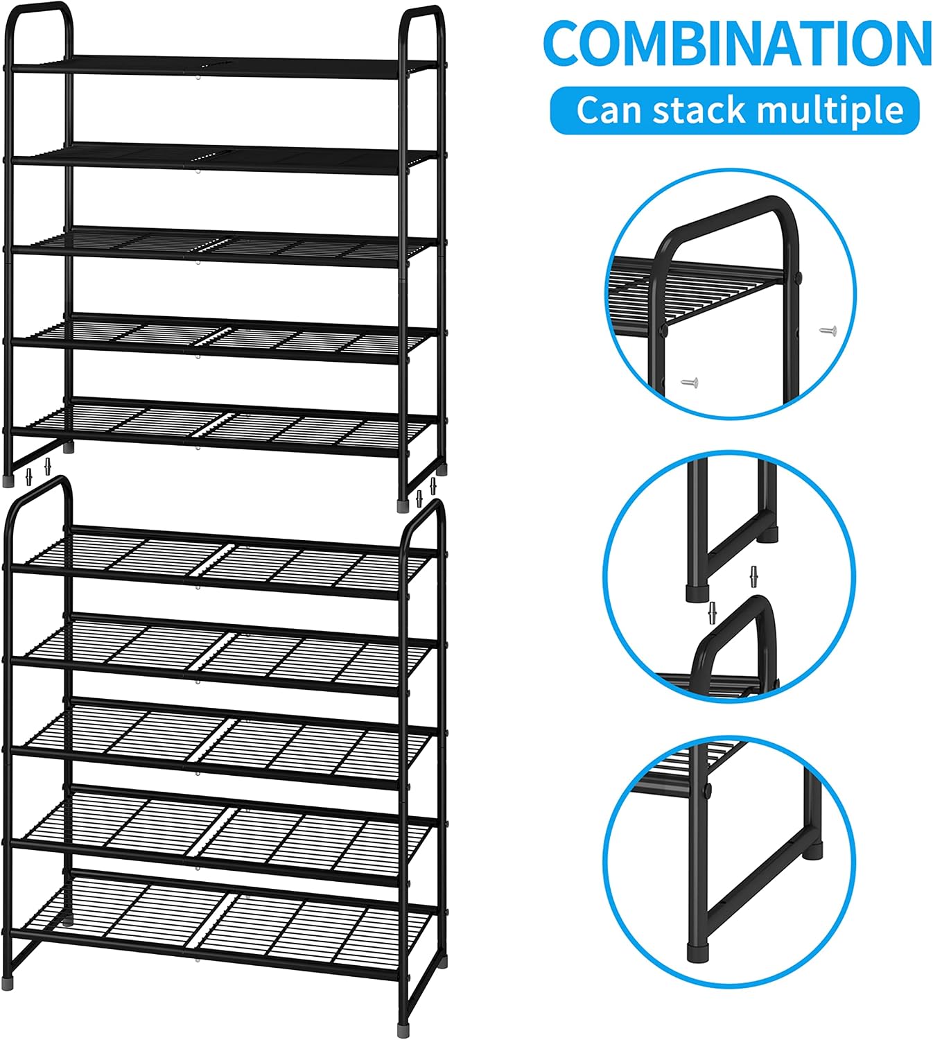 Simple Trending 3-Tier Stackable Shoe Rack, Expandable & Adjustable Shoe Shelf Storage Organizer, Wire Grid, Black