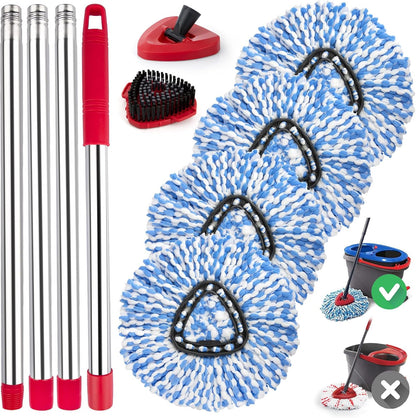 Spin Mop Replacement Head for O Cedar 2 Tank RinseClean, 4 Microfiber mop Refill, 1 Scrub Brush, 1 Mop Stick, 1 Mops Base, Deep Cleaning, 30" to 58" Mop Handle Replacement