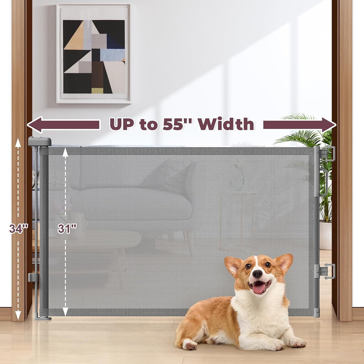 Retractable Baby Gate for Stairs & Doorways, Mesh Dog Gate Indoor Outdoor, Extends to 55" Wide 34" Tall Child Gate for Hallways, Deck, Porch, Pet Toddler Safety Essentials, Easy Install, Grey