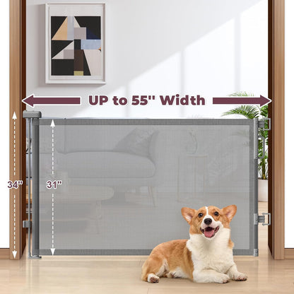 Retractable Baby Gate for Stairs & Doorways, Mesh Dog Gate Indoor Outdoor, Extends to 55" Wide 34" Tall Child Gate for Hallways, Deck, Porch, Pet Toddler Safety Essentials, Easy Install, Grey