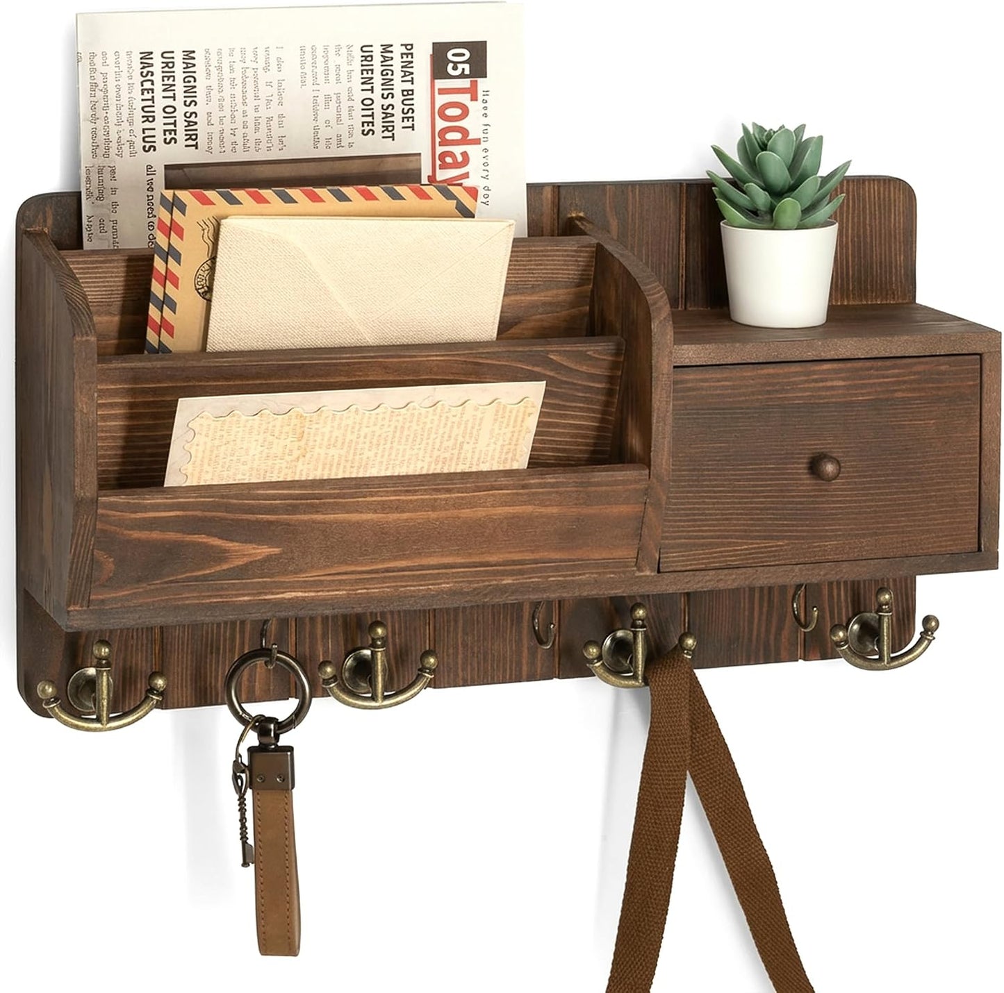Rebee Vision Key and Mail Holder Wall Mount - Mail Organizer Wall Mount with Storage Hooks and Drawer for Modern Farmhouse Decor - Mail Organizer Wall Mounted for Rustic Apartment Essentials (Brown)