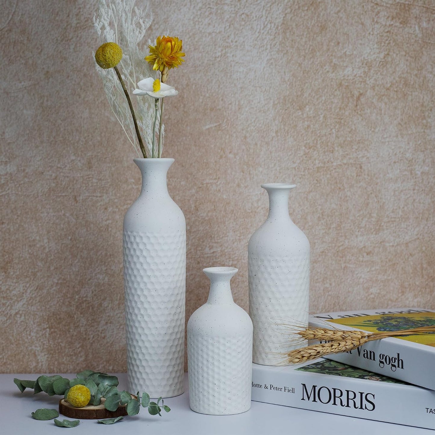 Small White Vases for Home Decor, Decorative Ceramic Vase Set, Matte Finish Honeycomb Texture, Modern Farmhouse Vases for Coffee Table, Bookshelf, Kitchen, Bathroom, Office Desk Decor