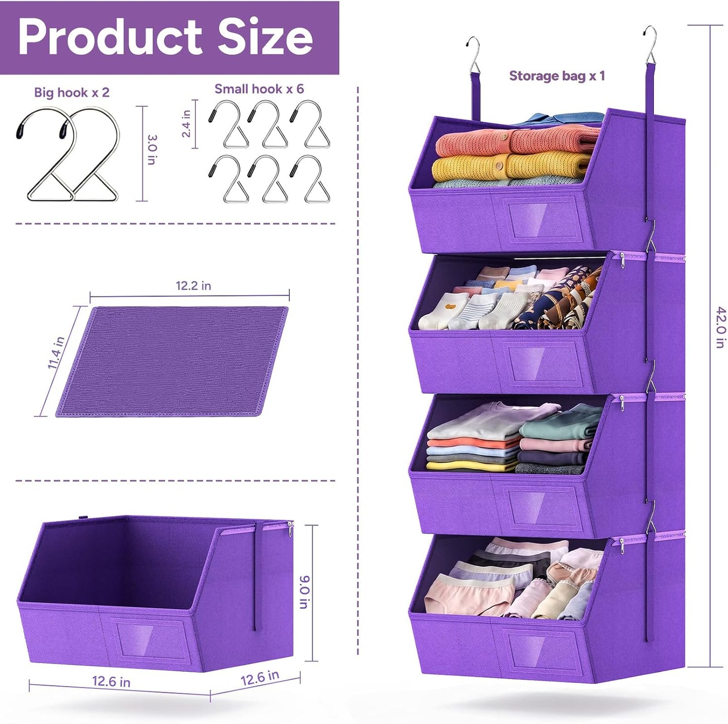 2 Pack 4-Tier Hanging Closet Organizer, Detachable Hanging Storage Shelves with Reinforced Side Panels, Hanging Closet Organizer for Clothes, Sweaters, Towels, Socks & Accessories, Purple