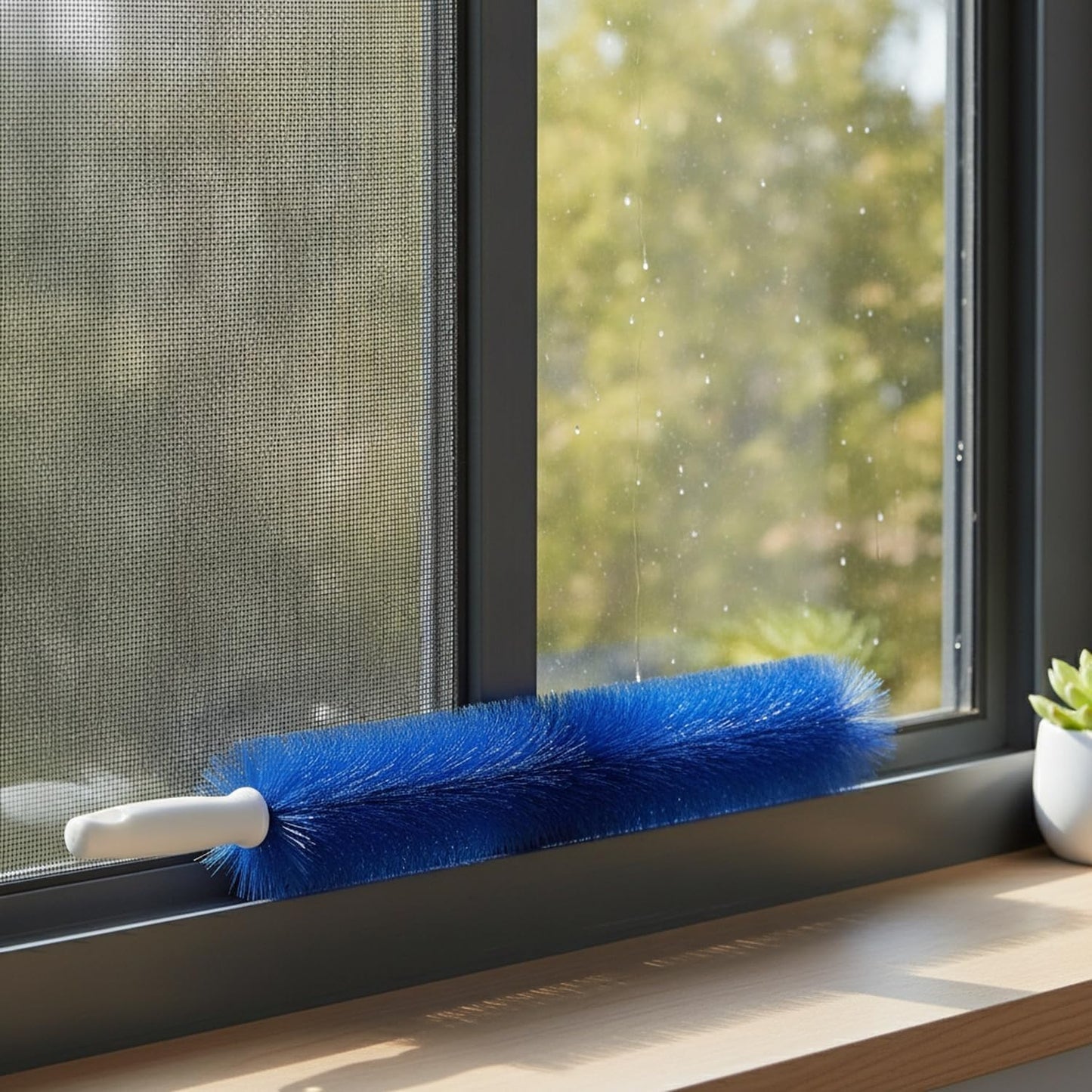 Double-Sided Window Screen Cleaner with Squeegee, Reaches Both Sides from Inside, Flexible Bristles for Mesh & Glass (1 Pack)