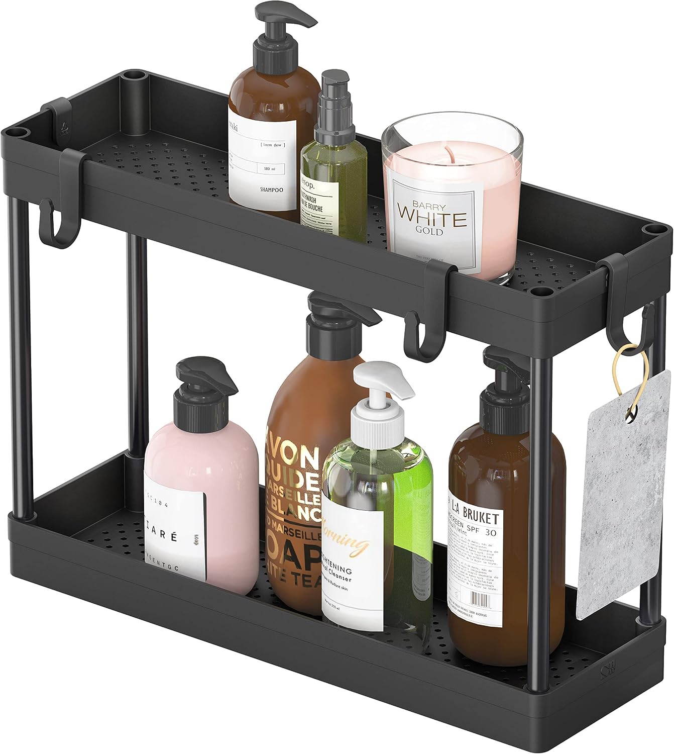 Simple Houseware 2-Tier Under Sink Organizer Storage Tray with Hooks, White