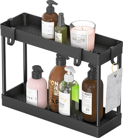 Simple Houseware 2-Tier Under Sink Organizer Storage Tray with Hooks, White