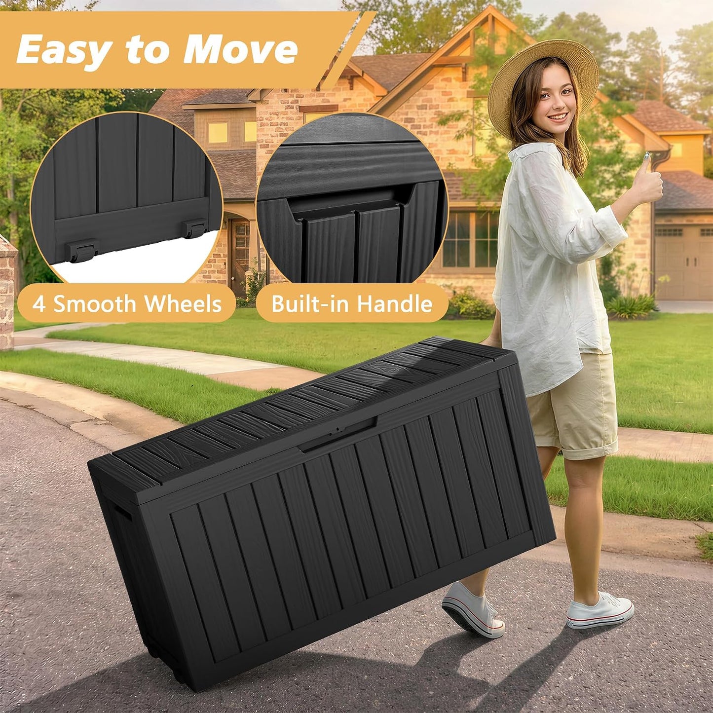 Fancyango 75 Gallon Outdoor Deck Box Waterproof, Large Storage Box for Patio, Resin Storage Bench Lockable for Garden Tools, Package Delivery, Black