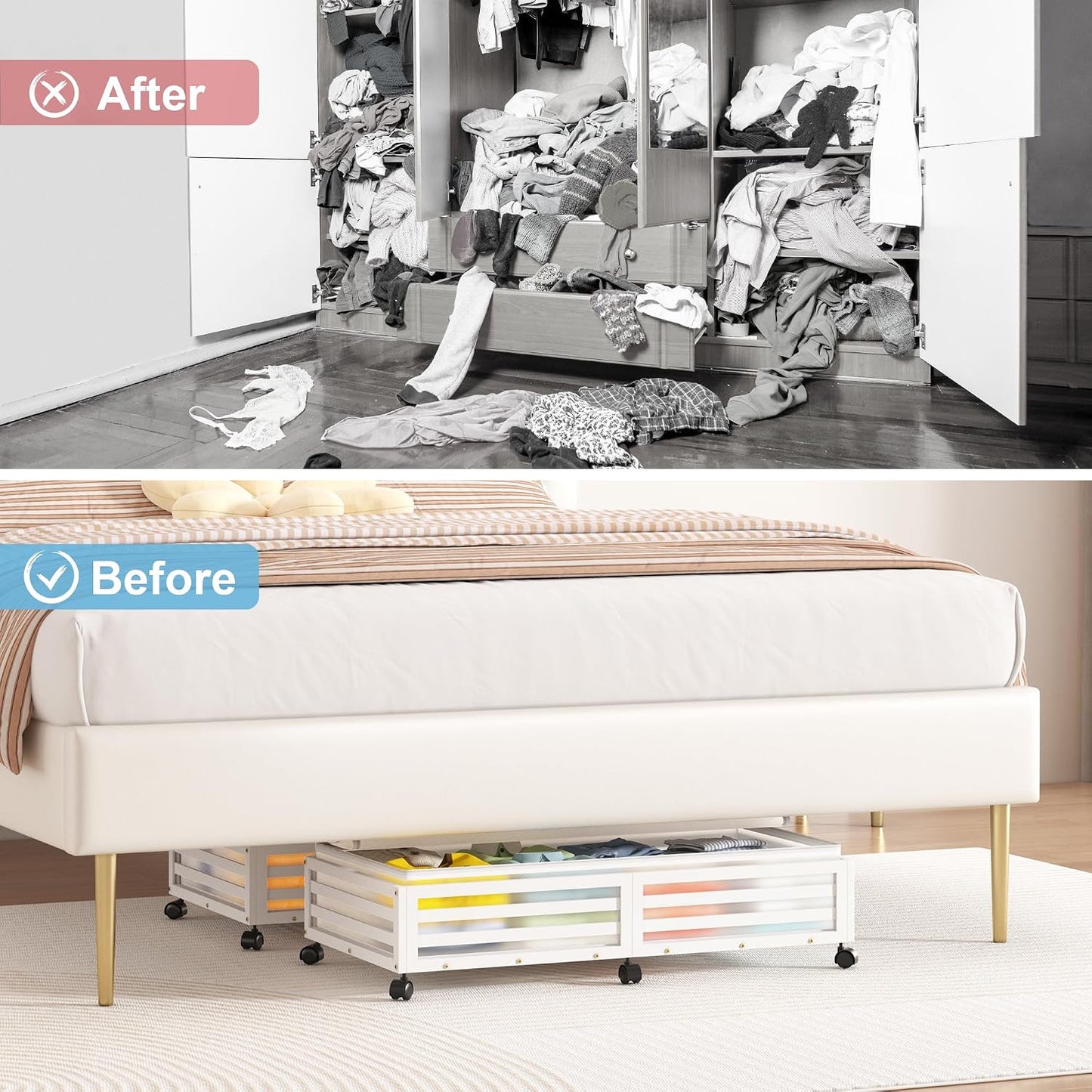 Under Bed Storage with Wheels-Large Bamboo Underbed storage Containers with Large Dust Bag Stackable Under the Bed Shoe Storage Bins for Clothes Books Bedding (2 Packs Nature, 23.62"L×16.54"W× 6.51"H)
