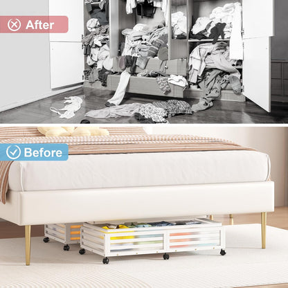 Under Bed Storage with Wheels-Large Bamboo Underbed storage Containers with Large Dust Bag Stackable Under the Bed Shoe Storage Bins for Clothes Books Bedding (2 Packs Nature, 23.62"L×16.54"W× 6.51"H)