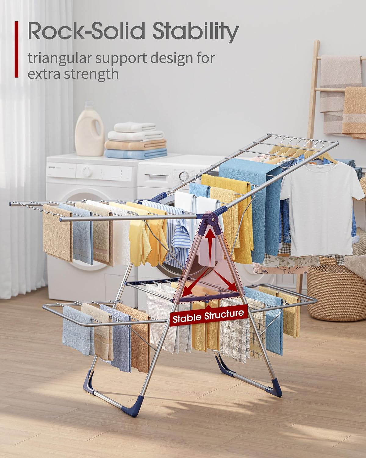 Sakugi Clothes Drying Rack, Foldable 2-Level Laundry Drying Rack with Height-Adjustable Wings, for Clothing & Bedding, Free-Standing Space-Saving Rack, Indoor & Outdoor, 55.5" L × 22.8" W, Gray