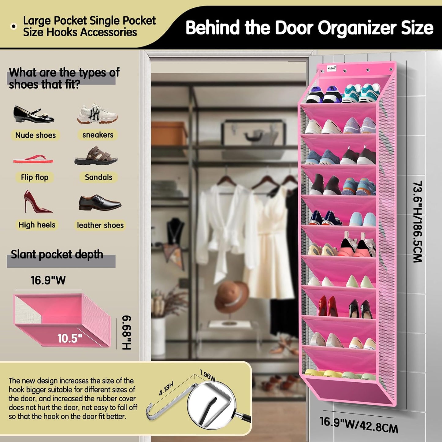 Kotkn 35 Compartment Over The Door Storage - Breathable Mesh Hanging Organizer with Large Pockets, Space Saving Design for Men & Women's Footwear, Closet, Bedroom （White）