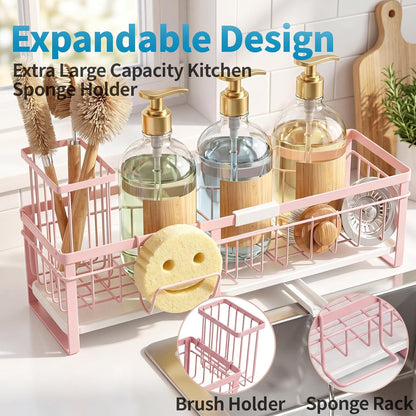 Aurblozen Extra Large Extendable Sponge Holder for Kitchen Sink, Rustproof Sink Caddy Organizer with High Brush Holder, Dish Soap Dispenser Organizers and Storage (Black)