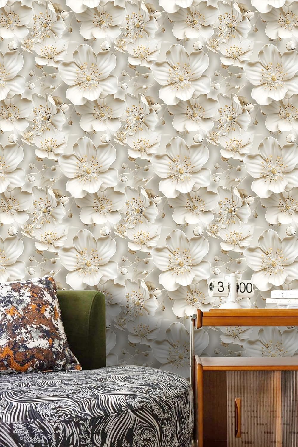 Floral Peel and Stick Wallpaper 3D Effect Interior Wall Décor Contact Paper Self Adhesive Removable Renter Friendly for Bedroom Living Cabinet Room 17.7in x 9.8ft (Not Textured Wallpaper