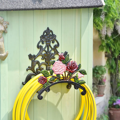 Sungmor Cast Iron Heavy Duty Garden Hose Holder - Decorative Hand-Painted Sunflower Wall Mounted Water Hose Hanger - Wall Decoration Hanging Hose Rack - Hose Reel Storage Butler - Metal Hose Stand