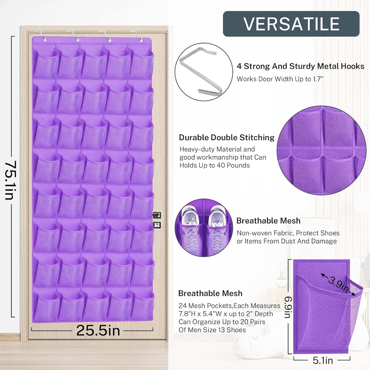 40 Large Mesh Pocket Over the Door Shoe Organizer,Hanging Shoe Rack for Door,Hualleko Shoes Organizer Hanger with Large Capacity, Shoes Storage Holder Sturdy Non-woven Fabric - Stores 20 Pairs (White)