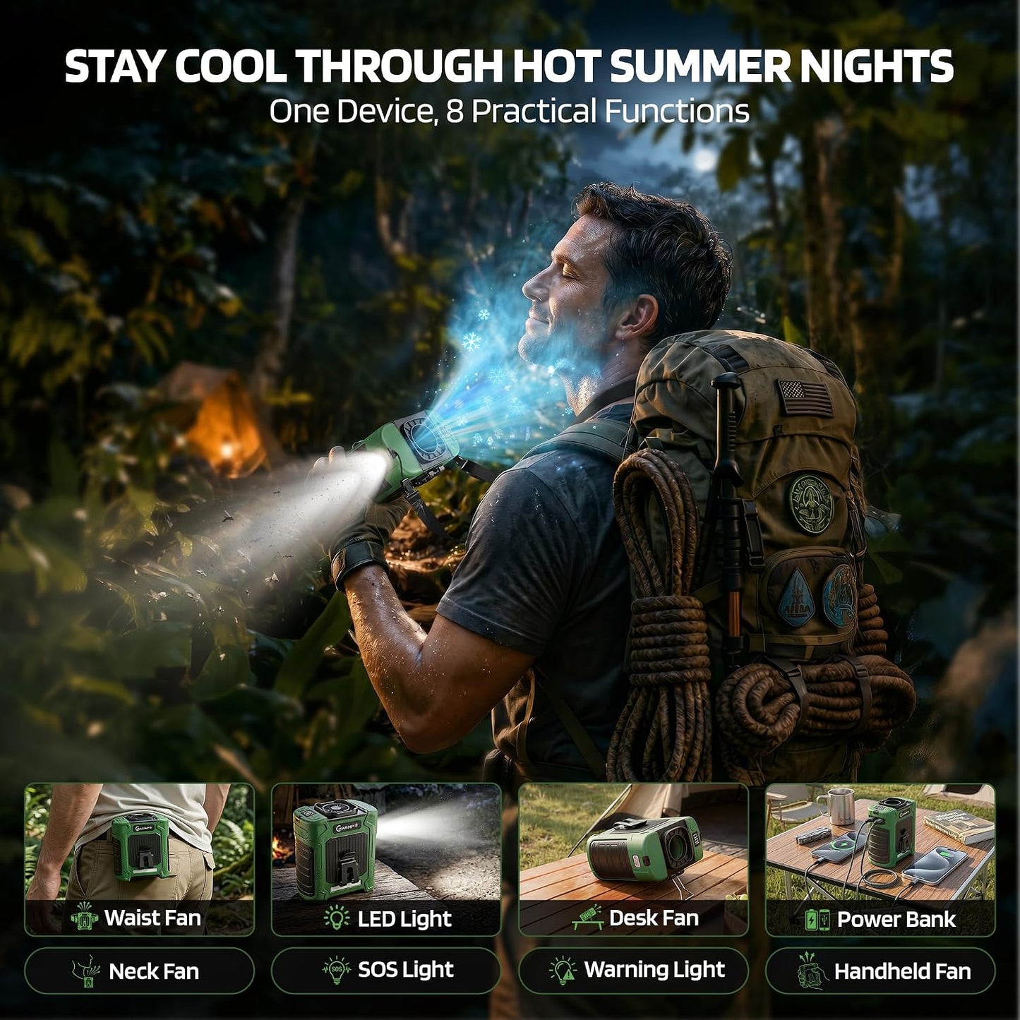 Waist Clip Fan - 5000mAh Rechargeable Portable Personal Fan, 39ft/s Ultra-Strong Wind, 29H Runtime, 5 Speeds, LED & SOS Light, for Outdoor, Camping, Hiking, Construction