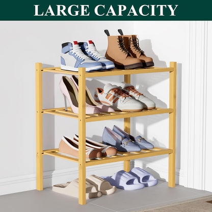 Smiry Bamboo Shoe Rack for Closet, 3 Tier Wooden Shoe Organizer, Stackable Wood Shoe Storage Shelf for Entryway, 14 Vertical Slats, One-piece Heavy-Duty Legs, 26.77"x11.02"x18.31", Natural