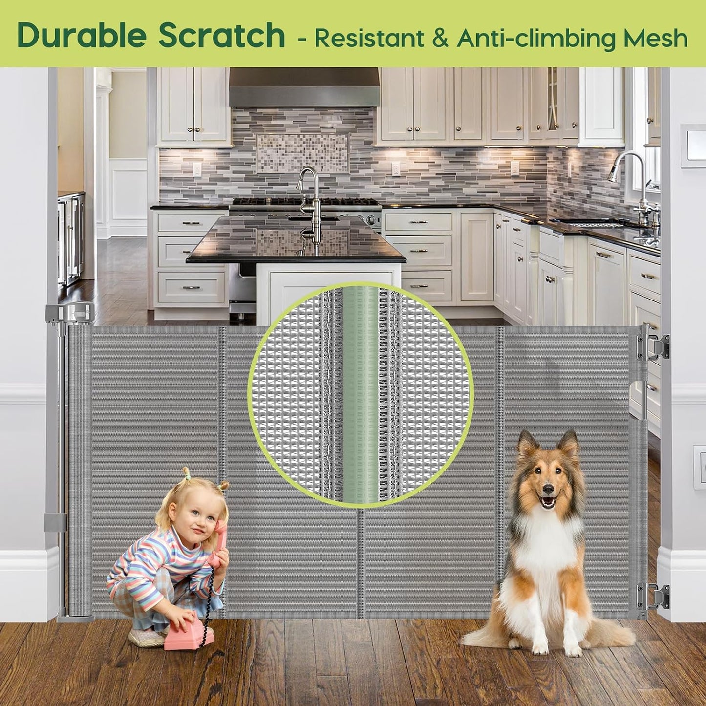 Reinforced 55" Wide Retractable Baby Gates with Reinforced Strips, Indoor/Outdoor Retractable Dog Gate for Doorway Prevent Bottom Drilling Through, No Bottom Bar Safety Mesh Baby Gate for Stair, Black